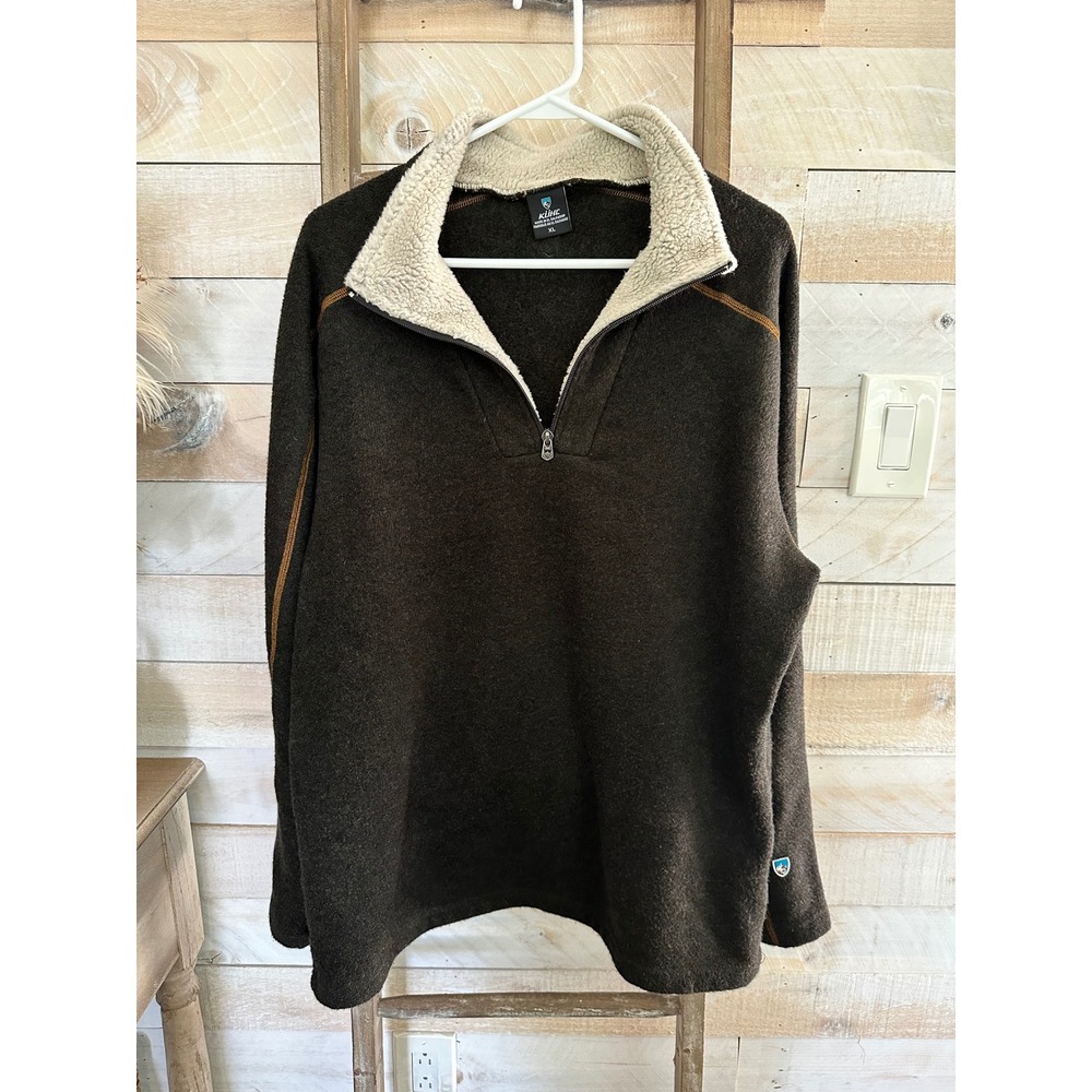 Kuhl Mens XL Brown Quarter Zip Fleece Pullover Shearling Collar Espresso